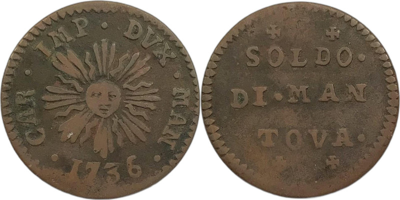 Mantova. Carlo VI 1736 soldo Cu gr. 2,37. MIR., 756/4.
qBB