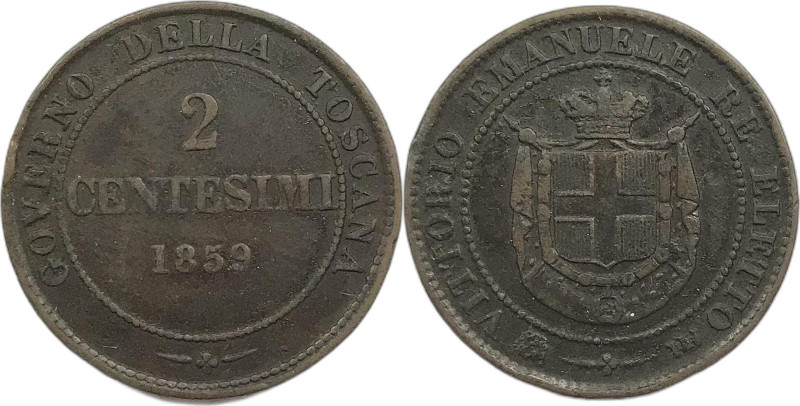 Savoia. Vittorio Emanuele re eletto 1859 centesimi 2 Cu. Gig., 18.
BB+