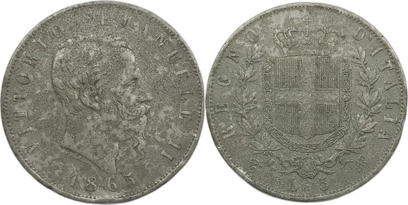 Regno d'Italia. Vittorio Emanuele II 1865 Torino lire 5 argentato. Falso d'epoca...