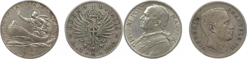 Regno d'Italia. Vittorio Emanuele III 1907 lire 1 Ag + Vaticano Pio XI 1931 Lire...