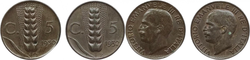 Regno d'Italia. Vittorio Emanuele III 1930,1932 centesimi 5 Cu. Lotto di 2 monet...