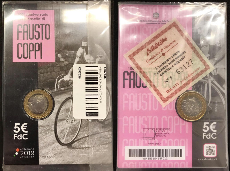 Repubblica italiana. 2019 € 5 bimetallico. Fausto Coppi. In confezione.
FDC