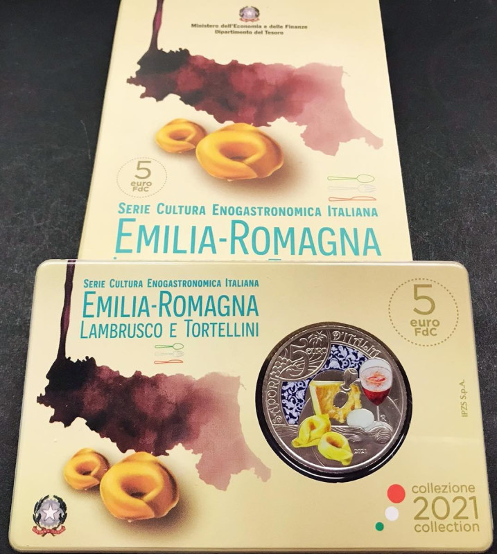 Repubblica italiana. 2021 € 5 Ag. Emilia Romagna. In confezione.
FDC