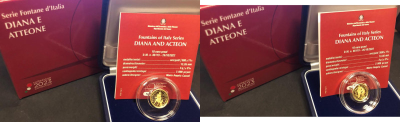 Repubblica italiana. 2023 € 10 Au gr. 3.Diana e Atteone. In confezione.
Proof