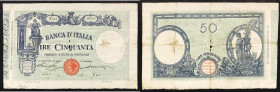 Regno d'Italia. Vittorio Emanuele III 15/11/1909 lire 50. Forellino centrale. Gig., 3/8. Molto rara.
BB