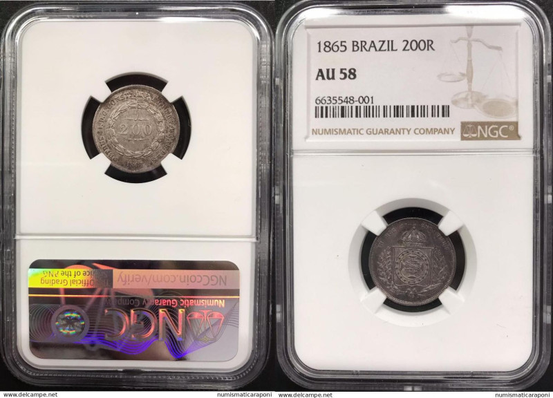 Brasile. Pedro II 1865 200 reis Ag. KM#469.NGC AU58.
SPL