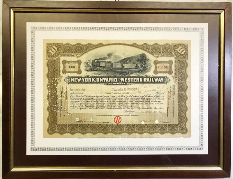 USA. 1927 certificato di deposito "New York, Ontario and Western Railway Company...