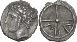 Celtic World. Gaul, Massalia. AR Obol, c. 350-150 BC. Obv. Bare head of Apollo left. Rev. M A within wheel of four spokes. Depeyrot, Marseille 18. AR....