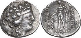 Celtic World. Celts in Eastern Europe. AR Tetradrachm, imitation of Thasos, after 148 BC. Obv. Wreathed head of young Dionysos right. Rev. Blundered l...