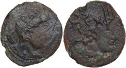 Greek Italy. Etruria, Populonia. Turms/Two Caducei Group. AE Sextans of 11-Units, late 3rd century BC. Obv. Bust of Turms right, wearing winged petasu...