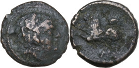 Greek Italy. Inland Etruria, uncertain mint. AE 15.5 mm, c. 3rd century BC. Obv. Head of Herakles right, wearing lion's skin headdress. Rev. Maltese d...