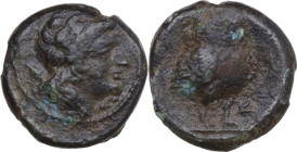 Greek Italy. Inland Etruria, uncertain mint. AE 15 mm, 3rd century BC. Obv. Laureate head of Apollo right, quiver over shoulder; below chin, etruscan ...