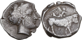Greek Italy. Central and Southern Campania, Neapolis. AR Didrachm, c. 350-325 BC. Obv. Head of nymph right, wearing broad headband. Rev. Man-headed bu...