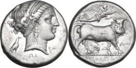 Greek Italy. Central and Southern Campania, Neapolis. AR Didrachm, 320-300 BC. Obv. Head of nymph right; behind, eagle standing right; before, wreath;...
