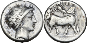 Greek Italy. Central and Southern Campania, Neapolis. AR Fourreé (?) Didrachm, 320-300 BC. Obv. Head of nymph right; behind, kantharos. Rev. Man-heade...