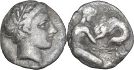 Greek Italy. Central and Southern Campania, Neapolis. AR Obol, c. 320-300 BC. Obv. Laureate head of Apollo right. Rev. [ΝΕΟΠΟΛΙΤΩΝ]. Herakles kneeling...