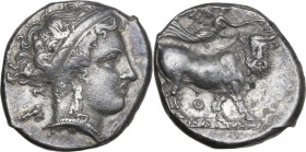 Greek Italy. Central and Southern Campania, Neapolis. AR Didrachm, c. 300-280 BC. Obv. Head of nymph right, wearing band; X(?) behind. Rev. Man-headed...