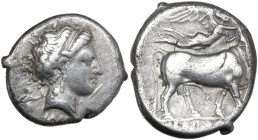 Greek Italy. Central and Southern Campania, Neapolis. AR Didrachm, c. 300-275 BC. Obv. Head of nymph right; behind, Artemis holding torch; below neck ...
