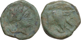 Greek Italy. Central and Southern Campania, Neapolis. AE 13.5 mm, c. 300-275 BC. Obv. Laureate head of Apollo right. Rev. Forepart of man-headed bull ...