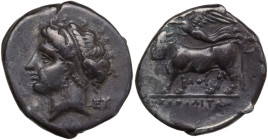 Greek Italy. Central and Southern Campania, Neapolis. AR Didrachm, c. 275-250 BC. Obv. Head of nymph left; ΕΥ behind. Rev. Man-headed bull standing le...