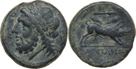 Greek Italy. Northern Apulia, Arpi. AE Unit, c. 325-275 BC. Obv. Laureate head of Zeus left; behind, thunderbolt. Rev. Wild boar right; above, spearhe...