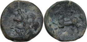 Greek Italy. Northern Apulia, Arpi. AE 17 mm, c. 325-275 BC. Obv. Laureate head of Zeus left. Rev. Horse rearing left; star of seven rays above, monog...