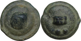 Greek Italy. Northern Apulia, Luceria. Heavy series. AE Cast Biunx, c. 225-217 BC. Obv. Scallop shell on a raised disk. Rev. Astragalos; to right, two...