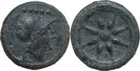 Greek Italy. Northern Apulia, Luceria. AE Quincunx, c. 211-200 BC. Obv. Head of Mars right, wearing Corinthian helmet; above, five pellets. Rev. Wheel...