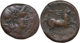 Greek Italy. Northern Apulia, Salapia. AE 23.5 mm, c. 225-210 BC. Obv. ΣΑΛΑΠΙΝΩΝ. Laureate head of Apollo right, quiver over shoulder. Rev. Horse pran...