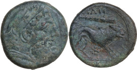 Greek Italy. Northern Apulia, Teate. AE Quadrunx, c. 225-200 BC. Obv. Head of Herakles right, wearing lion skin headdress. Rev. TIATI. Lion right; abo...
