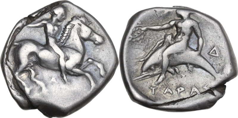 Greek Italy. Southern Apulia, Tarentum. AR Nomos, c. 380-340 BC. Obv. Youth on h...