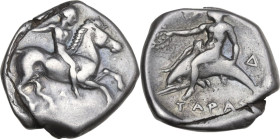 Greek Italy. Southern Apulia, Tarentum. AR Nomos, c. 380-340 BC. Obv. Youth on horse galloping right; Δ below. Rev. TAPAΣ. Phalanthos, holding wreath,...