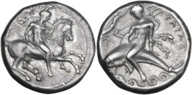 Greek Italy. Southern Apulia, Tarentum. AR Nomos, 340-332 BC. Obv. Horseman right on rearing horse, wearing crested helmet, holding spear and shield; ...