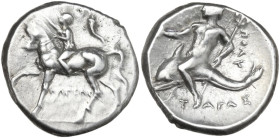 Greek Italy. Southern Apulia, Tarentum. AR Nomos, c. 280-272 BC. Obv. Youth on horseback left, crowning horse; cornucopiae to right, I-AΠEAC below. Re...