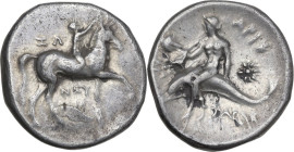 Greek Italy. Southern Apulia, Tarentum. AR Nomos, c. 280-272 BC. Obv. Nude youth on horseback right, placing wreath on horse's head; ZΩ to left, NEY/M...