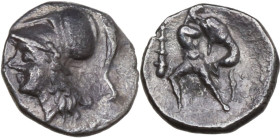 Greek Italy. Southern Apulia, Tarentum. AR Diobol, 280-228 BC. Obv. Head of Athena left, wearing Corinthian helmet. Rev. Herakles striding left, upper...
