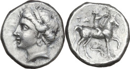 Greek Italy. Southern Apulia, 'Campano-Tarentine'. AR Nomos, 281-228 BC. Obv. Head of nymph left, hair bound in taenia. Rev. Nude youth on horseback t...