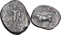 Greek Italy. Northern Lucania, Posidonia. AR Stater, 420-410 BC. Obv. Poseidon advancing right, brandishing trident; in left field, B (die number); to...