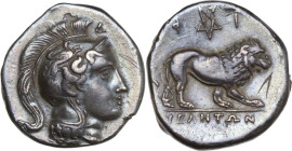 Greek Italy. Northern Lucania, Velia. AR Didrachm, c. 300-280 BC. Obv. Head of Athena right, wearing crested Attic helmet decorated with griffin; Δ ab...