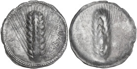 Greek Italy. Southern Lucania, Metapontum. AR Nomos, c. 540-510 BC. Obv. Barley ear with eight grains; to right, META upwards. Rev. Incuse barley ear ...