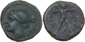 Greek Italy. Bruttium, The Brettii. AE Half-Unit, c. 214-211 BC. Obv. NIKA. Diademed head of Nike left. Rev. ΒΡΕΤΤΙΩΝ. Zeus striding right, holding th...