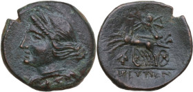 Greek Italy. Bruttium, The Brettii. AE Half unit, c. 211-208 BC. Contemporary imitation. Obv. Bust of Nike left. Rev. Zeus in biga left, holing sceptr...