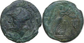 Greek Italy. Bruttium, The Brettii. AE Double (Didrachm). Final issue, 208-203 BC. Obv. Helmeted head of Ares left within wreath. Rev. BPETTIΩN. Athen...