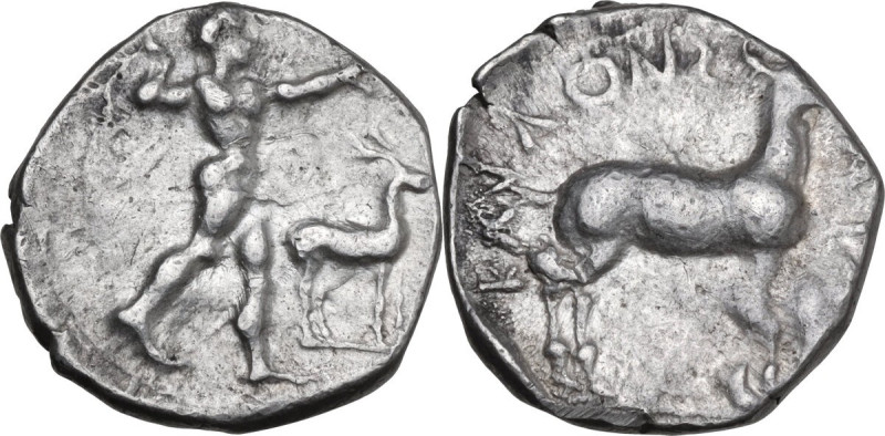Greek Italy. Bruttium, Kaulonia. AR Stater, c. 475-388 BC. Obv. Apollo, naked, w...