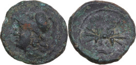 Greek Italy. Bruttium, Locri Epizephyrii. AE 18 mm. c. 300-275 BC. Obv. Helmeted head of Athena left. Rev. Winged thunderbolt. HN Italy 2362 ff; HGC 1...