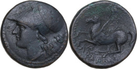 Greek Italy. Bruttium, Locri Epizephyrii. AE 22 mm. period of Pyrrhus, c. 280-275 BC. Obv. Head of Athena left, wearing plain Corinthian helmet, witho...