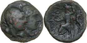 Greek Italy. Bruttium, Locri Epizephyrii. AE 18 mm, c. 280-275 BC. Obv. Jugate busts of the Dioskouroi right. Rev. Zeus seated left, holding phiale an...