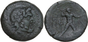 Greek Italy. Bruttium, Petelia. AE Quadrans, late 3rd century BC. Obv. Head of Zeus right, laureate; behind, three pellets. Rev. [ΠETHΛINΩN]. Zeus sta...