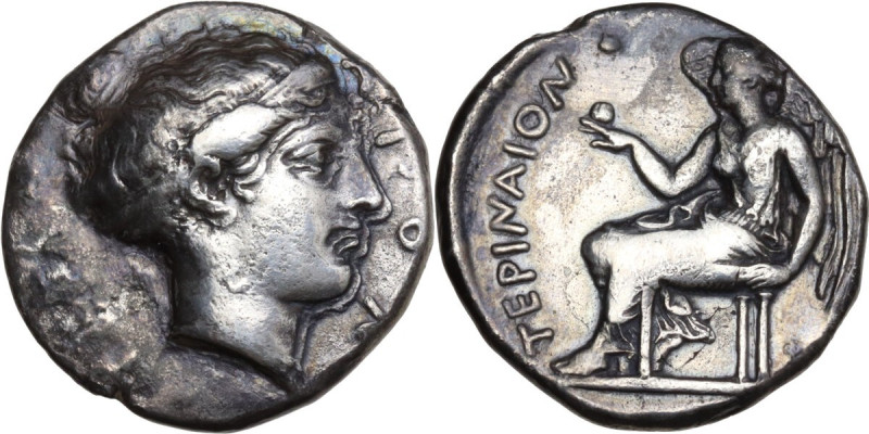 Greek Italy. Bruttium, Terina. AR Stater, 425-420 BC. Obv. TEPINAION. Head of ny...