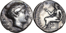 Greek Italy. Bruttium, Terina. AR Stater, 425-420 BC. Obv. TEPINAION. Head of nymph right, hair in ampyx. Rev. TEPINAION. Nike seated left on stool, h...